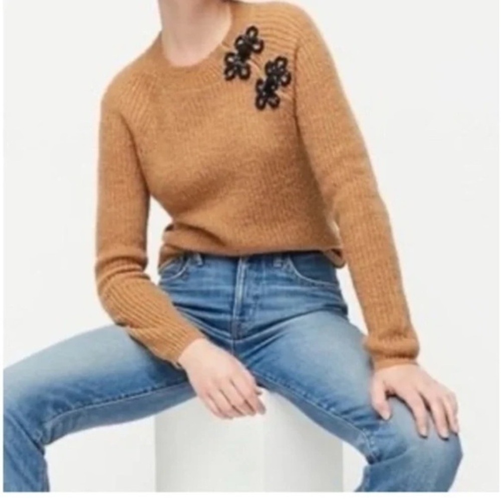 J Crew Alpaca Blend Knit Sweater Women Size XL Embellished Floral Beaded 3D‎ Art